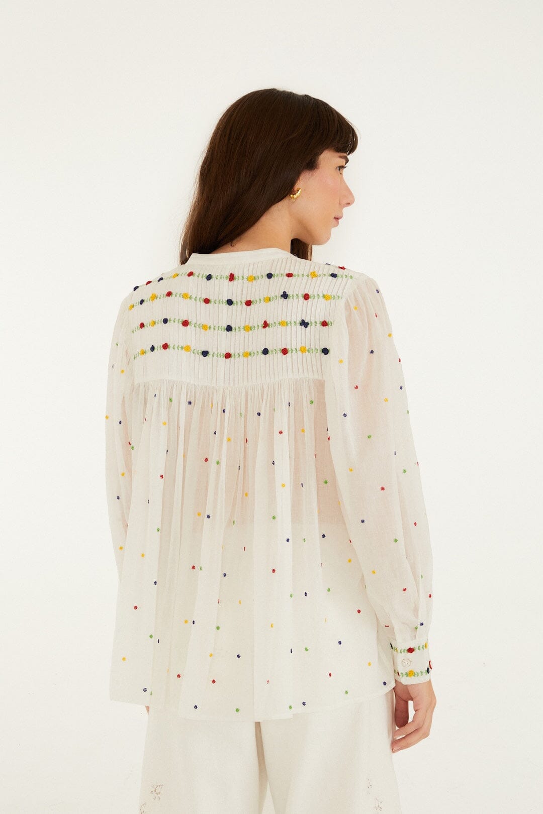Off-White Embroidered Beads  Long Sleeve Blouse