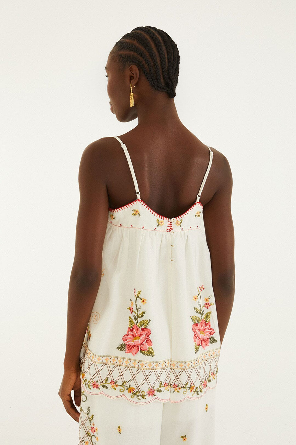 Off-White Flower Embroidery Open Back Sleeveless Blouse