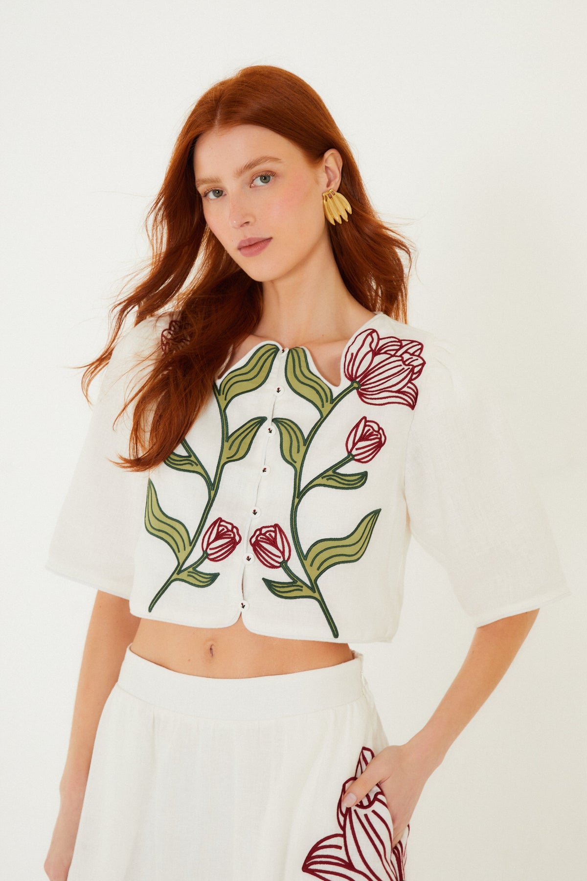 Off-White Flower Embroidered  Crop Top