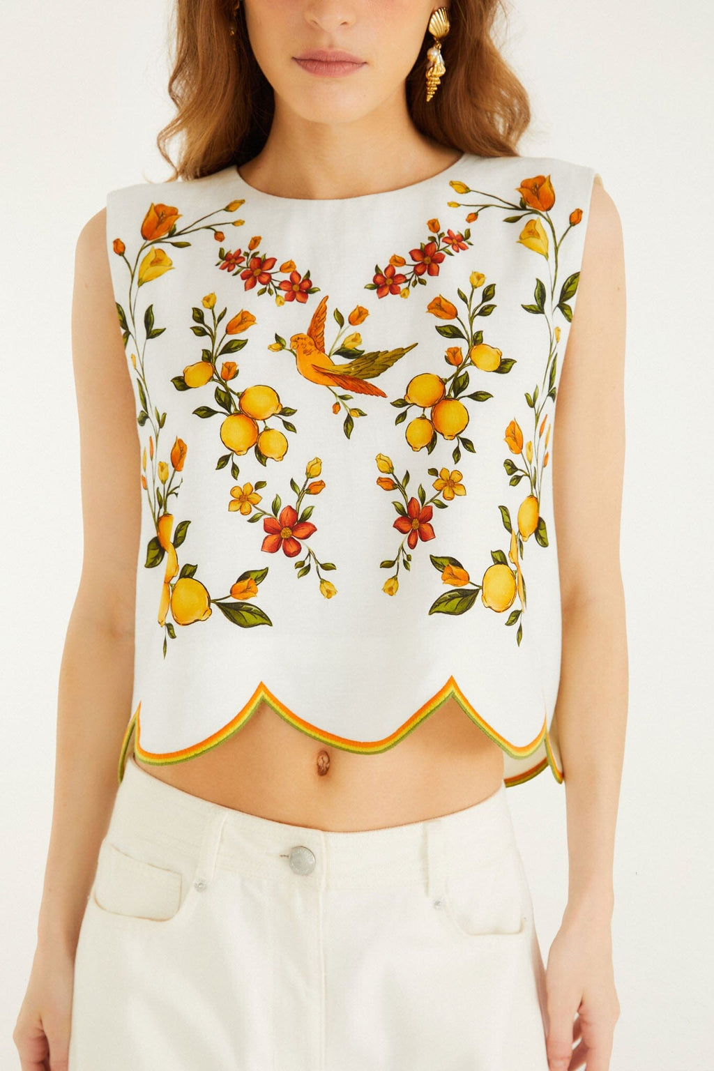 Off-White Lemon Bouquet Wavy Hem Sleeveless Blouse