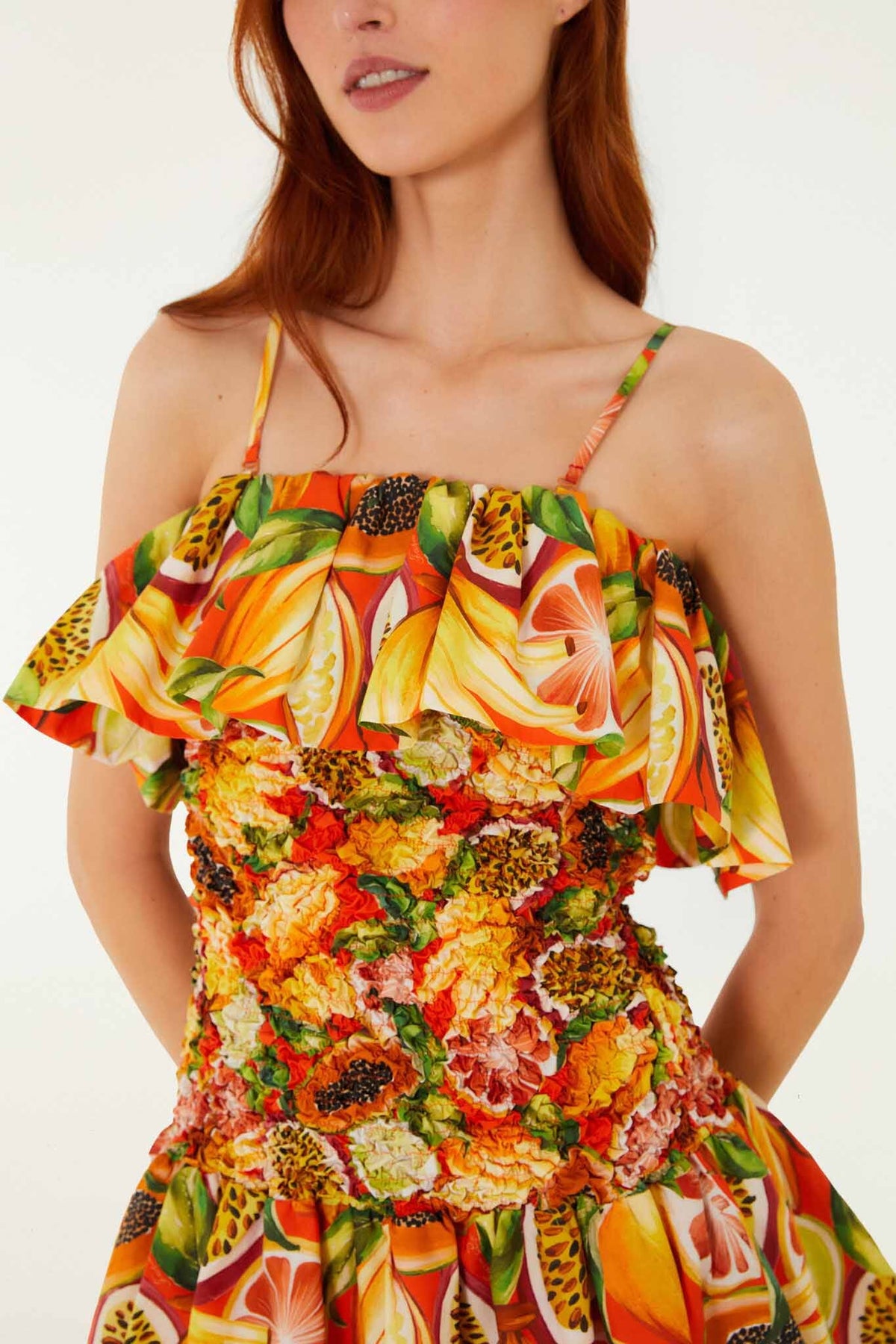 Multicolor Fruit Garden Red Smocked Balloon Mini Dress