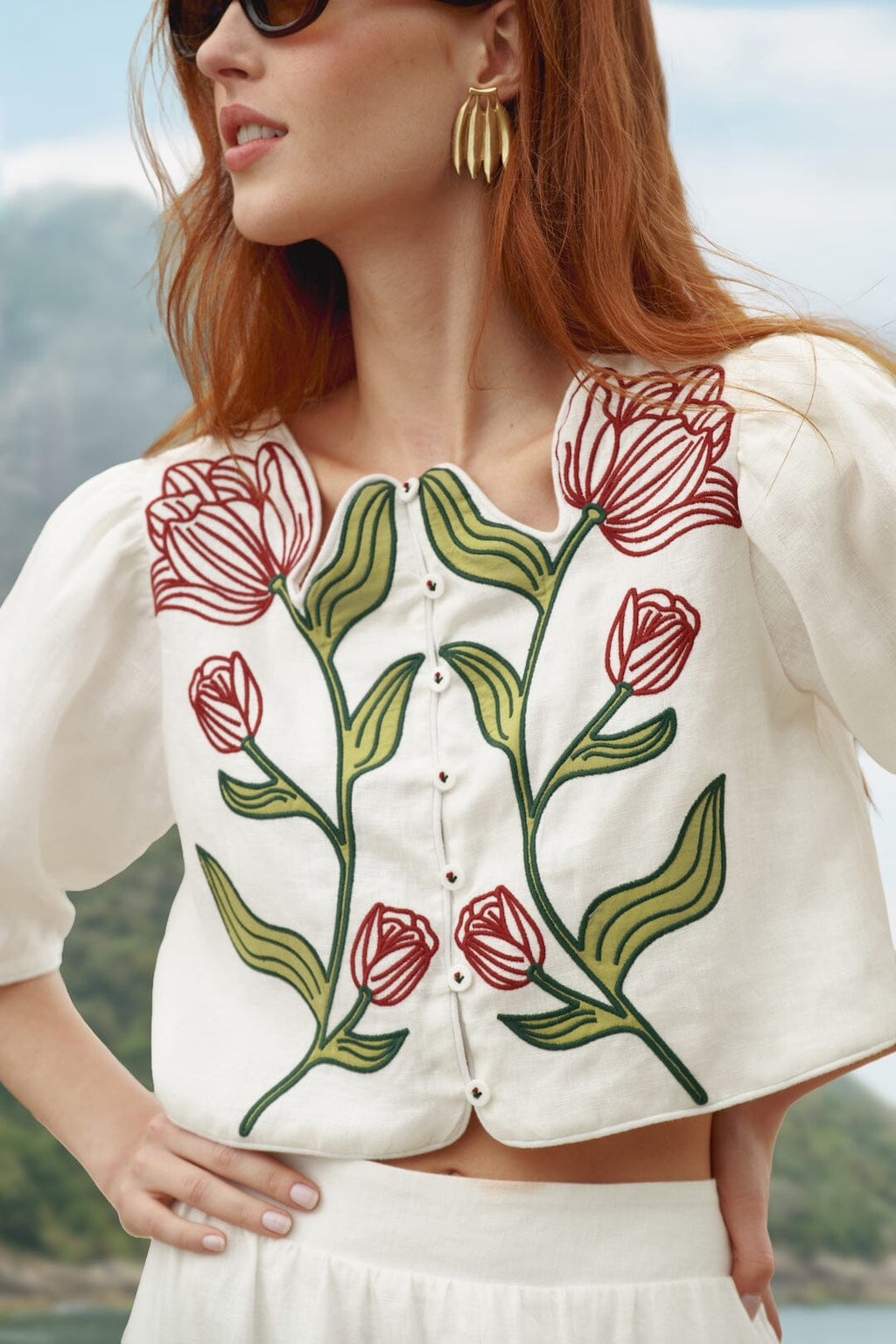 Off-White Flower Embroidered  Crop Top