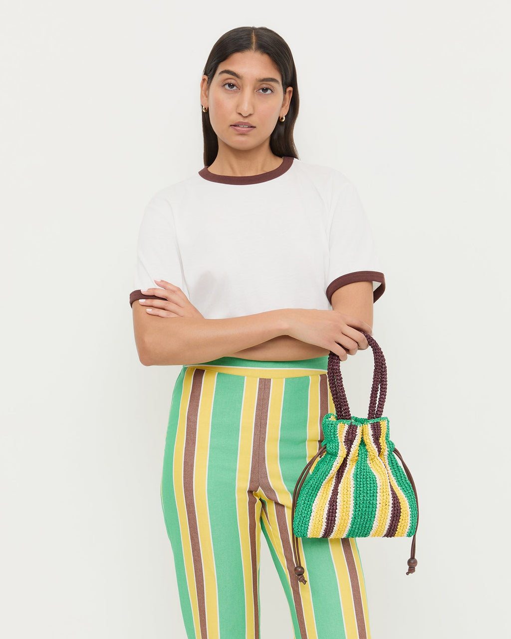 Kylie Green/Yellow Raffia Drawstring Pouch
